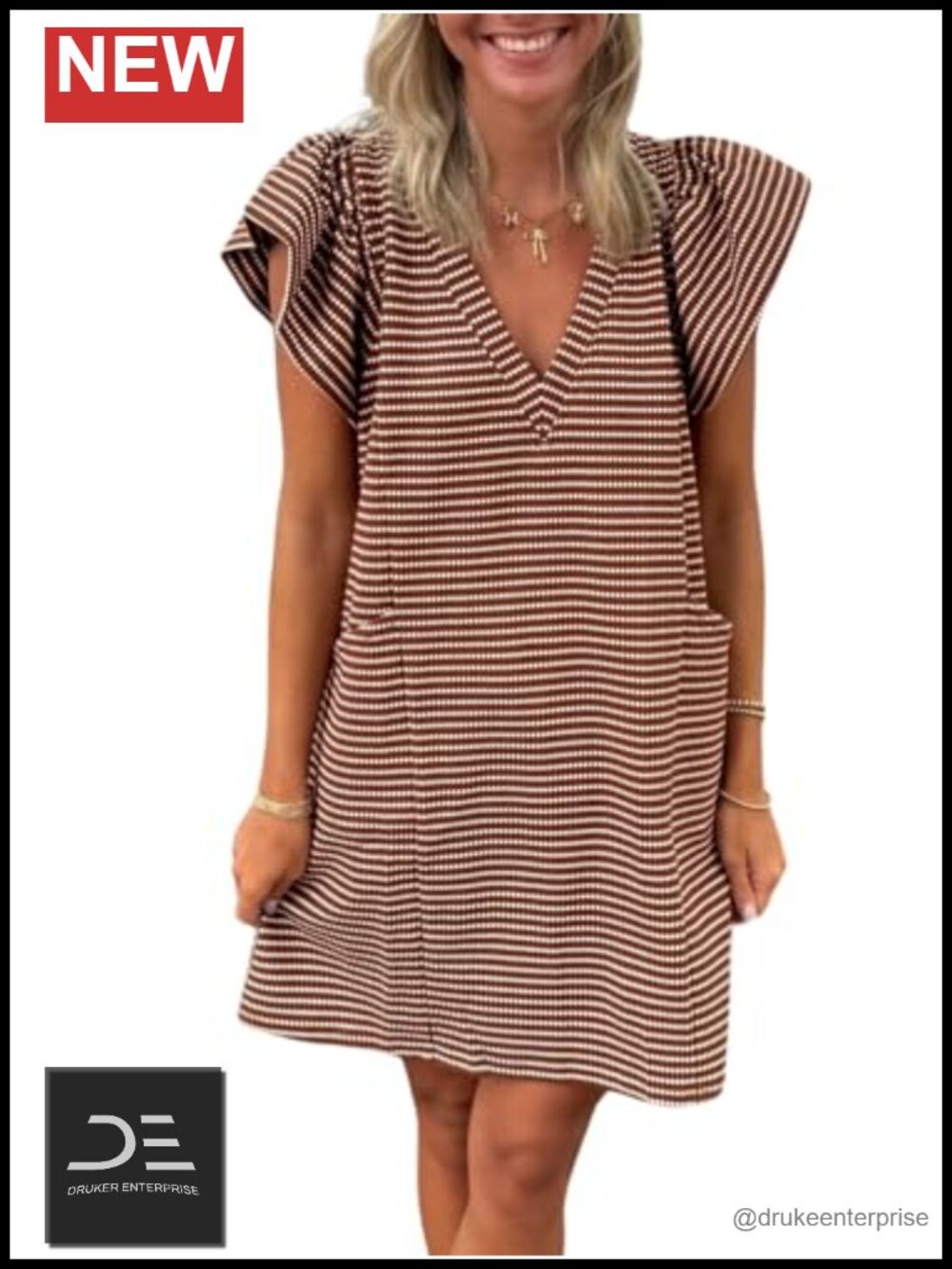 Striped V-Neck Mini Dress Puff Sleeve Casual with Pockets